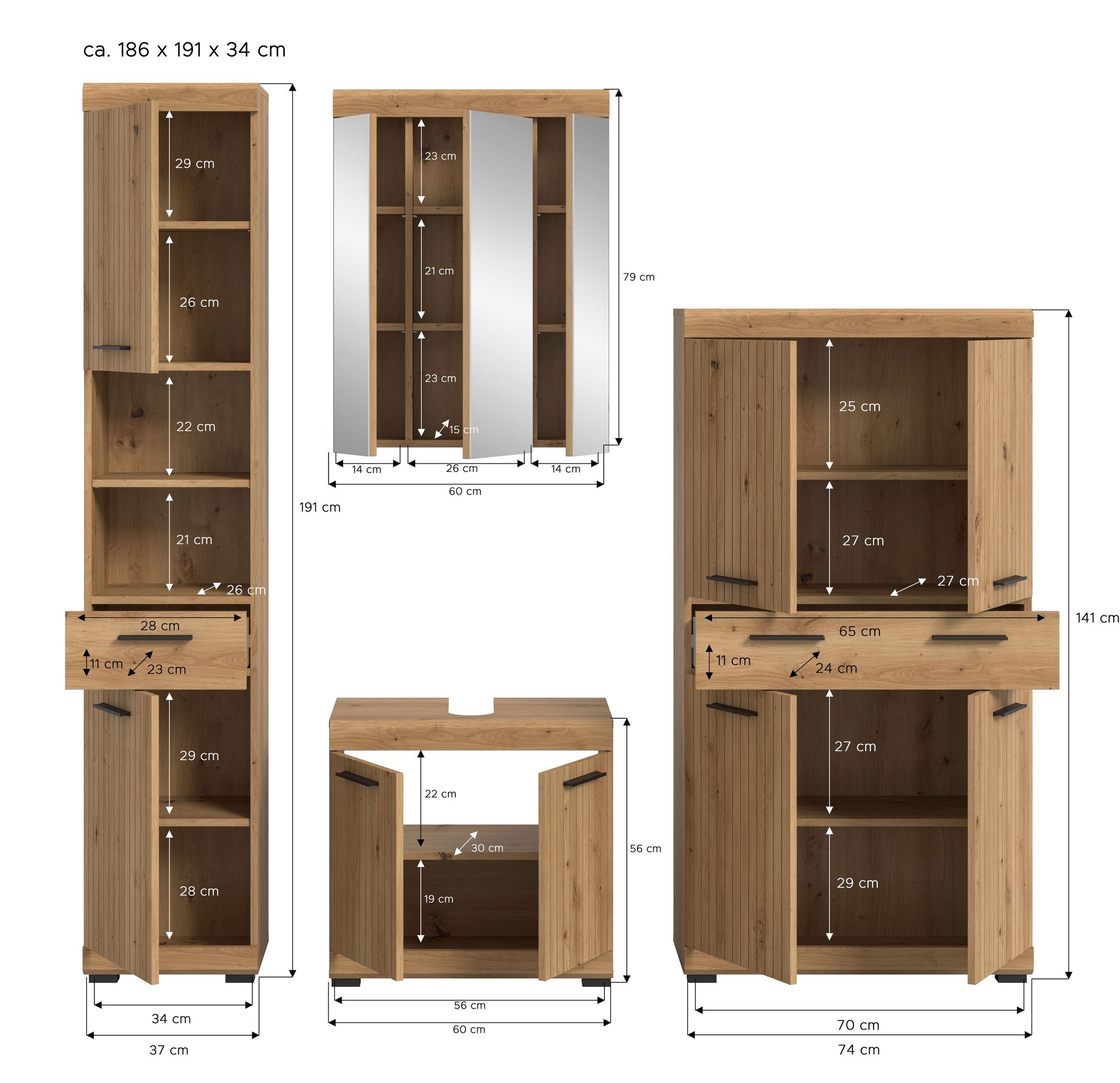 Badezimmerset mit Maßangaben: Hochschrank, Spiegelschrank und Waschtischunterschrank