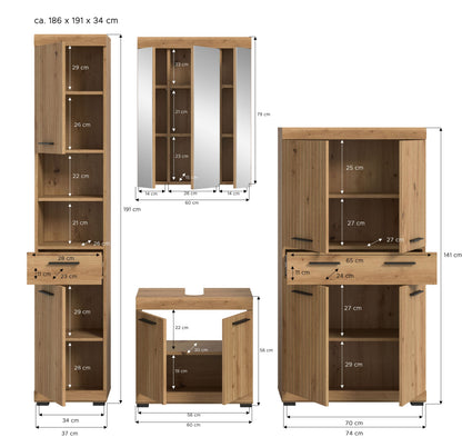 Badezimmerset mit Maßangaben: Hochschrank, Spiegelschrank und Waschtischunterschrank