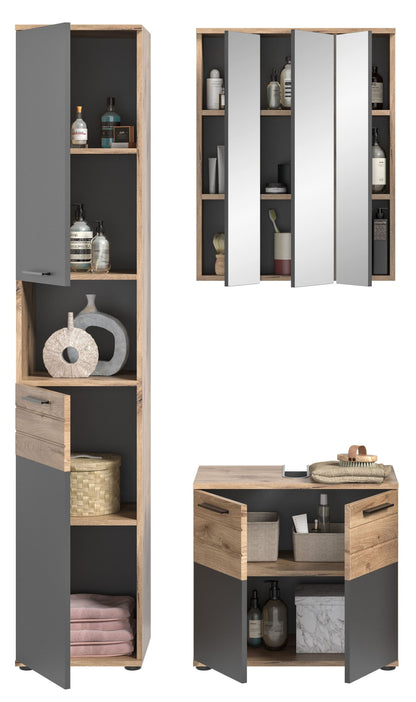 Homes & Jones Badezimmer-Set 3-teilig: Hochschrank und Spiegelschrank mit Fächern, Waschtisch