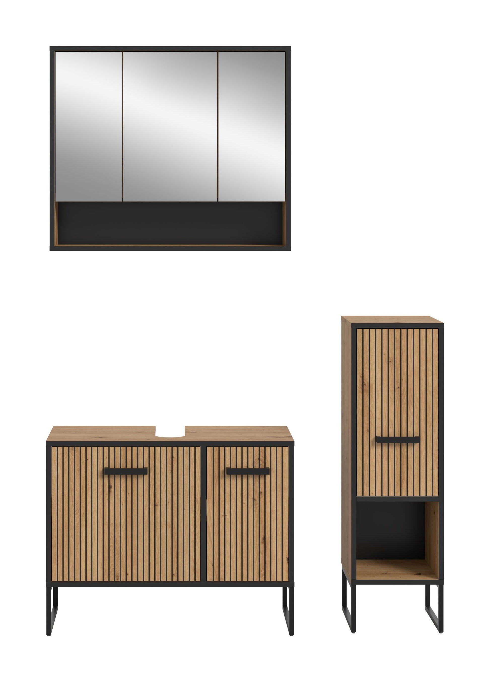Badmöbel-Set: Waschtischunterschrank mit zwei Türen und Badspiegelschrank