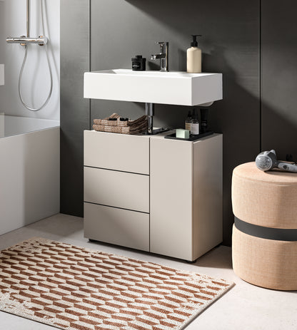 Waschbeckenunterschrank mit Waschbecken, weiße Front, zwei Schubladen und offene Ablage