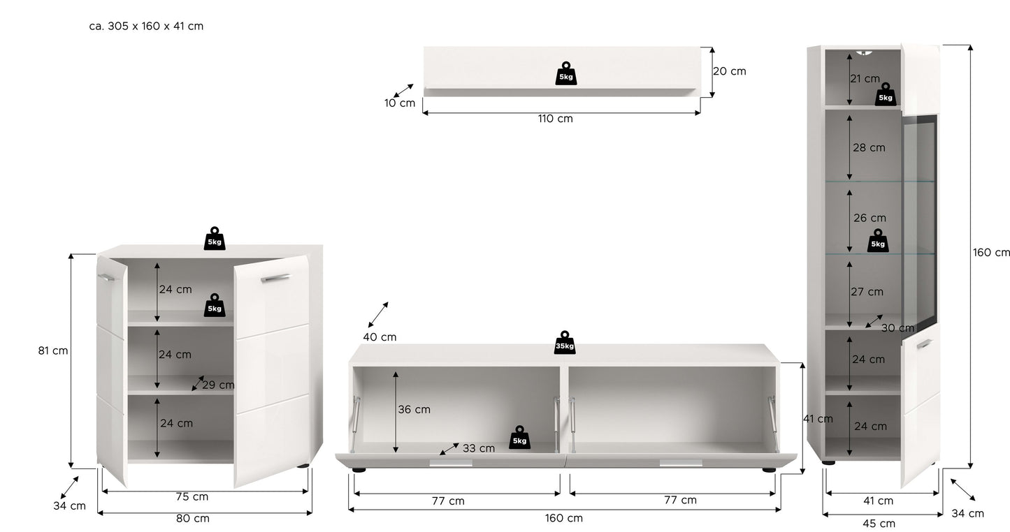 Homes & Jones Wohnwand 4-tlg., TV Möbel Anbauwand, TV bis 70 Zoll geeignet