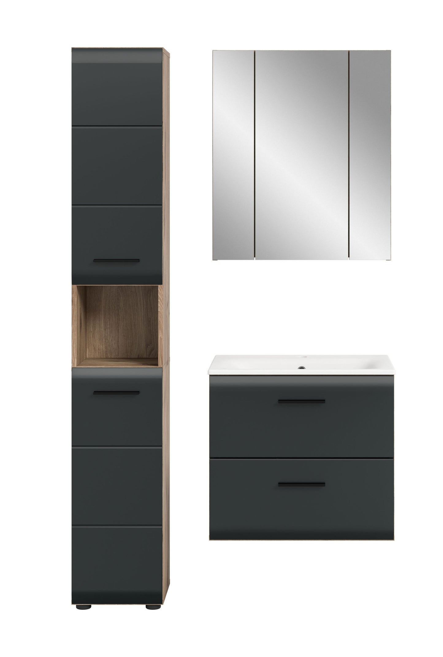 Badmöbel-Set in Graphit: Hochschrank, Spiegelschrank und Waschtischunterschrank