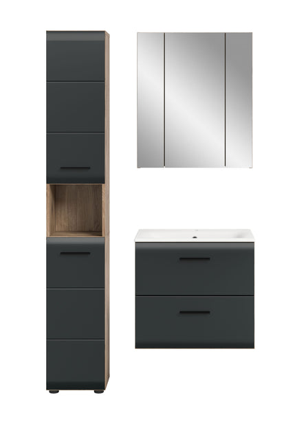 Badmöbel-Set in Graphit: Hochschrank, Spiegelschrank und Waschtischunterschrank