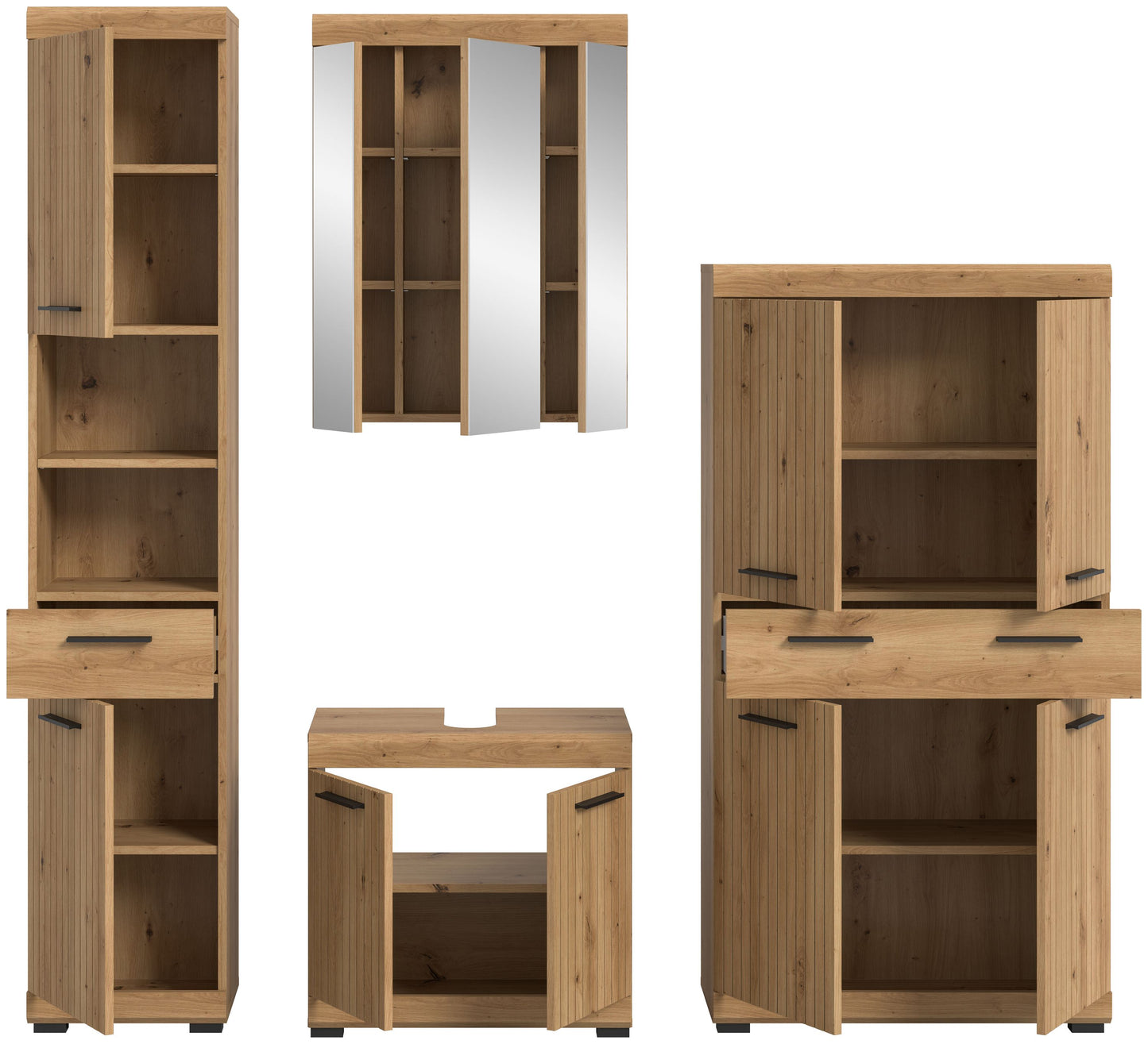 Badezimmerset im Holzdesign mit offenen Fächern am Spiegelschrank und Hochschrank