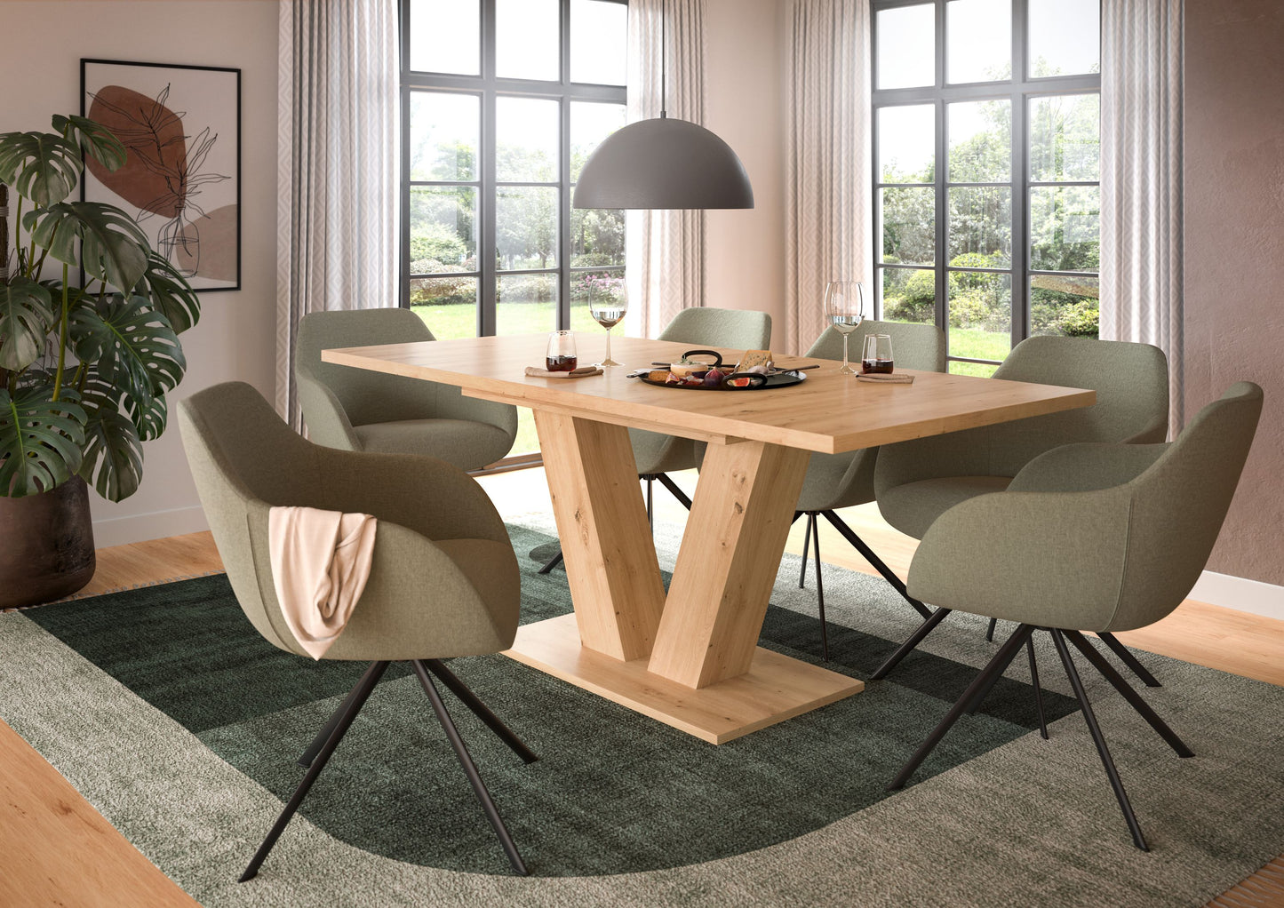 Esstisch mit heller Holzplatte und X-Gestell aus Holz, rechteckig