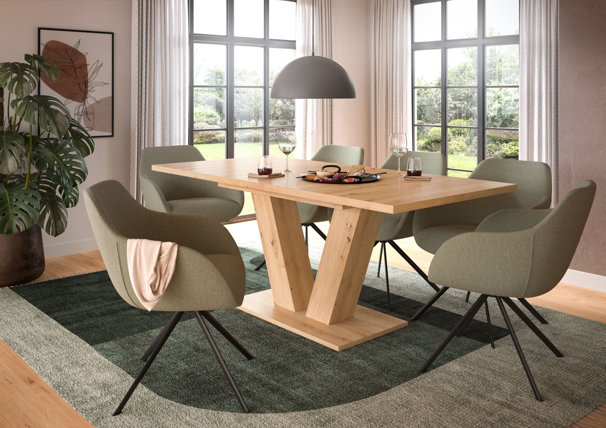 Esstisch mit heller Holzplatte und X-Gestell aus Holz, rechteckig