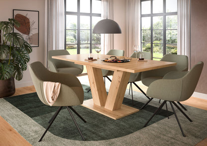 Esstisch mit heller Holzplatte und X-Gestell aus Holz, rechteckig
