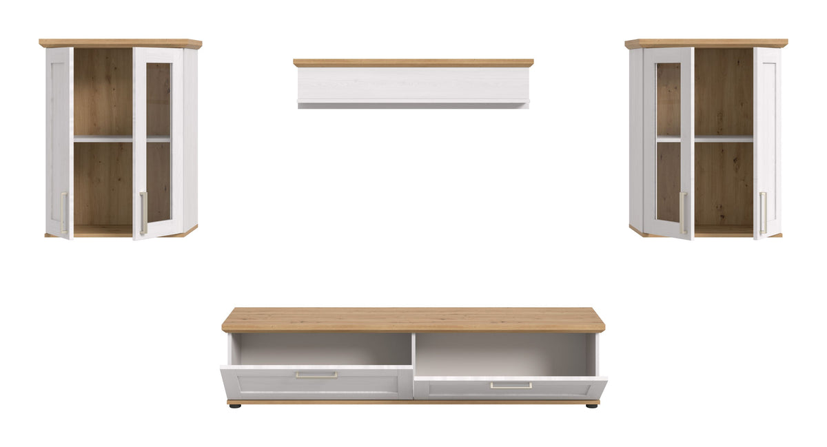TV-Lowboard mit Holzfrontplatte, zwei Schubkästen und zwei breiten Türen, seitliche Rahmen
