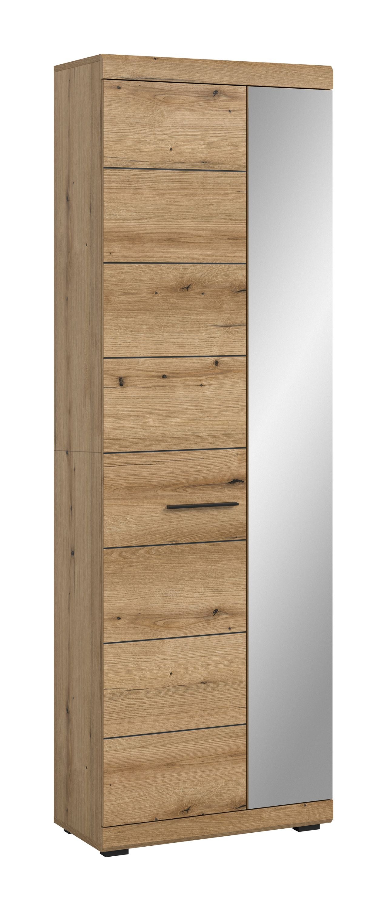 Garderobenschrank mit Spiegel, helles Holzdekor und breite Spiegeltür, geschlossen