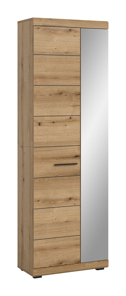 Garderobenschrank mit Spiegel, helles Holzdekor und breite Spiegeltür, geschlossen