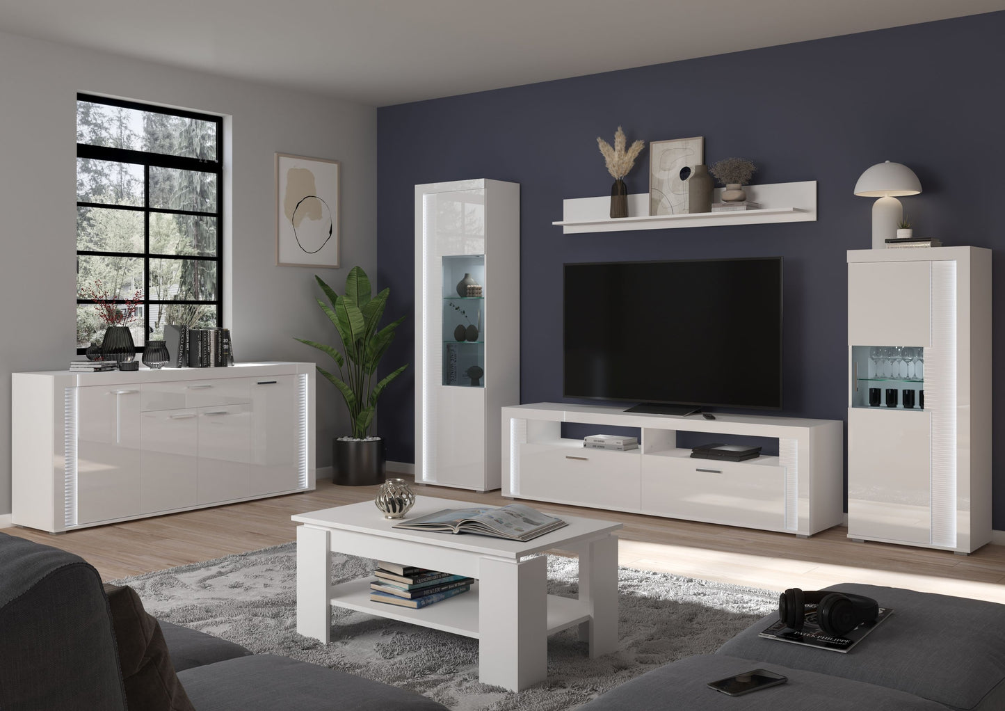 Homes & Jones Lowboard weiß Hochglanz, TV Möbel inkl. Beleuchtung bis 70 Zoll