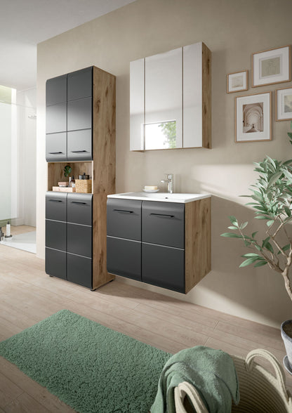 Badmöbel-Set mit Hochschrank, Spiegelschrank und Waschtischunterschrank, anthrazitgrau & Holz
