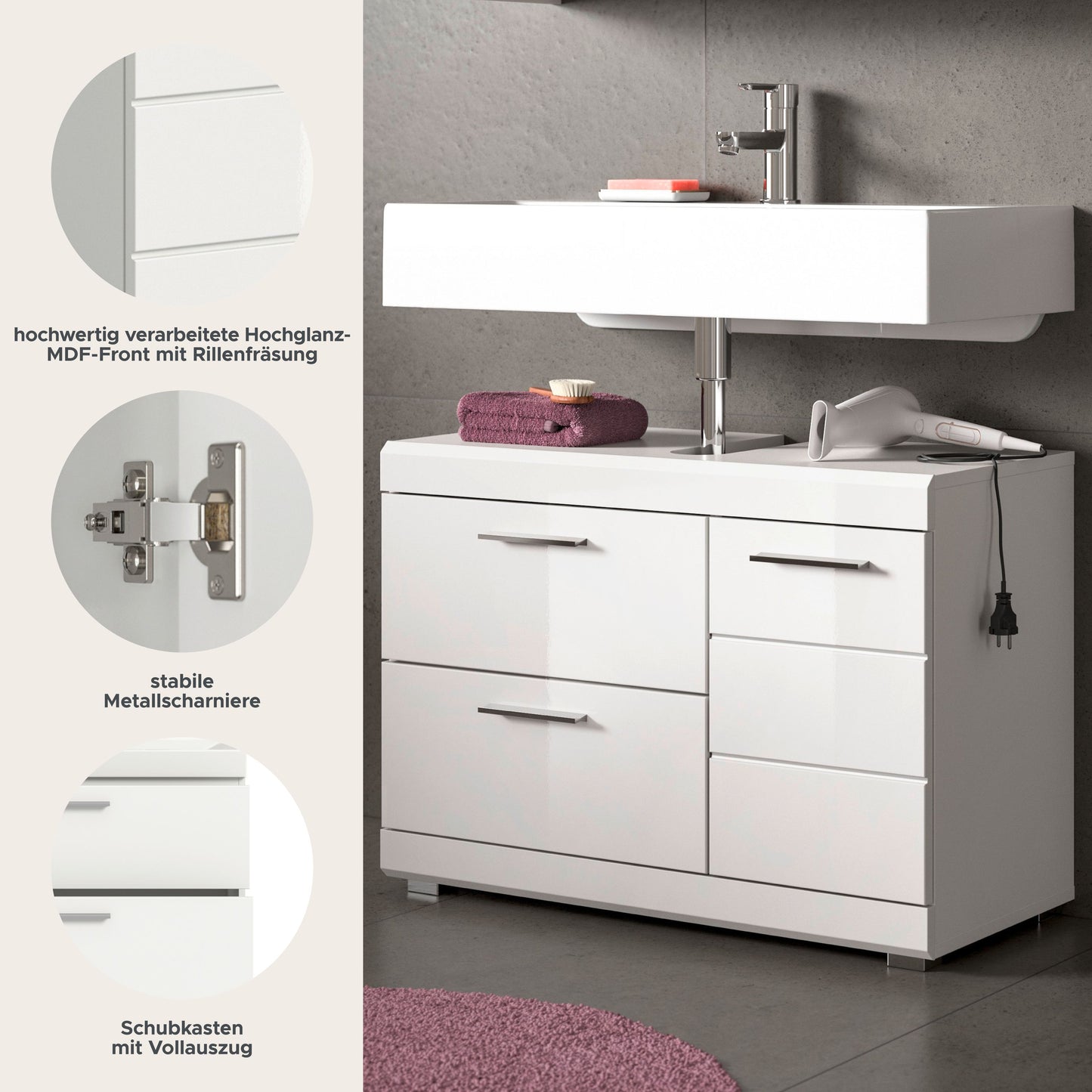 Scout Waschbeckenunterschrank  (B/H/T: 80x56x34 cm) in Weiß hochglanz und Weiß