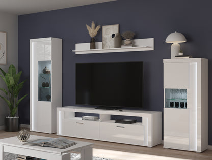 Homes & Jones Vitrine weiß Hochglanz, Wohnzimmerschrank inkl. Beleuchtung
