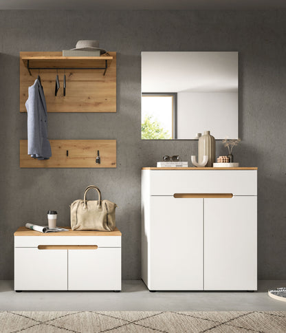 Garderobenset mit Spiegel und Kommode, Wandpaneel mit Haken und Sitzbank, Holzoptik