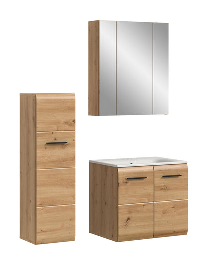 Badezimmermöbel-Set 4-teilig mit Spiegelschrank, Waschtisch-Unterschrank und Hochschrank in Eiche