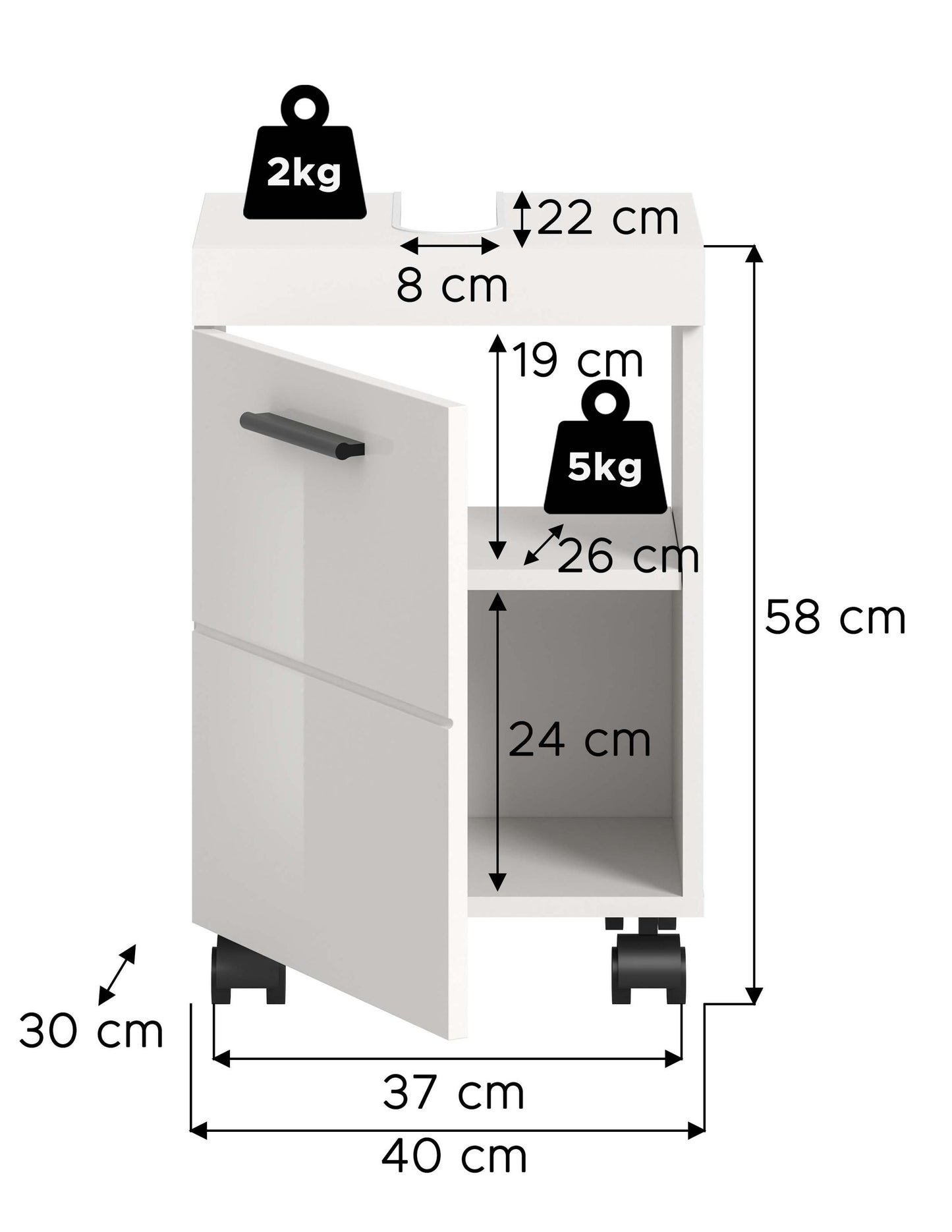 Meuble sous-lavabo à roulettes NOVA (L/H/P : env. 40/58/30 cm) en blanc/blanc brillant