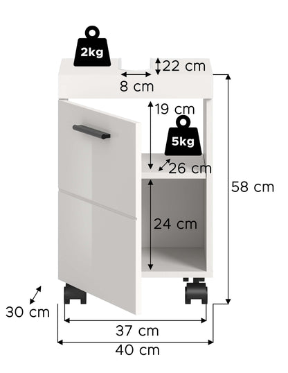 Meuble sous-lavabo à roulettes NOVA (L/H/P : env. 40/58/30 cm) en blanc/blanc brillant