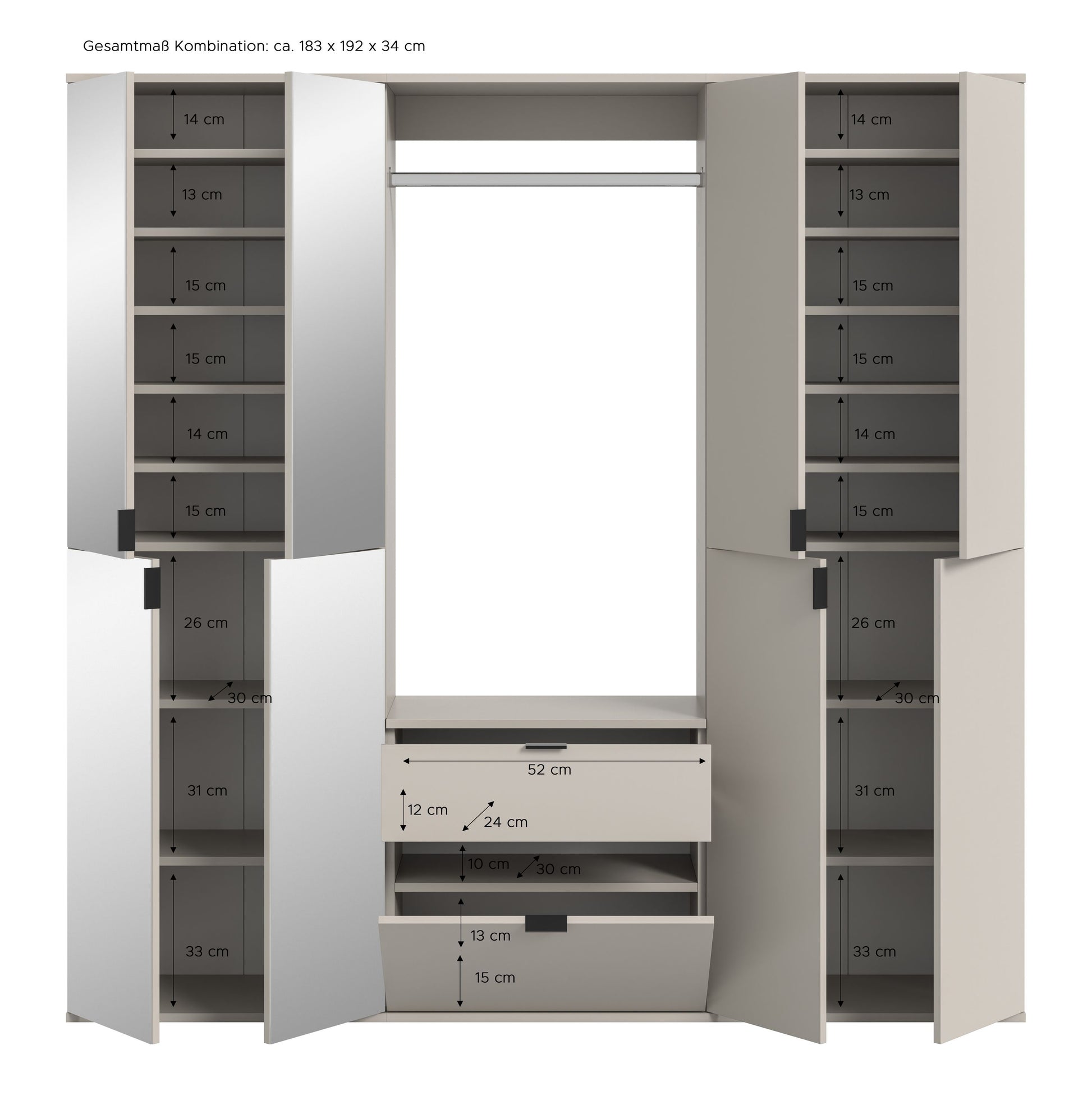 Garderobenschrank-Set in Detailansicht mit Maßangaben in den Innenfächern