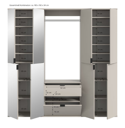 Garderobenschrank-Set in Detailansicht mit Maßangaben in den Innenfächern