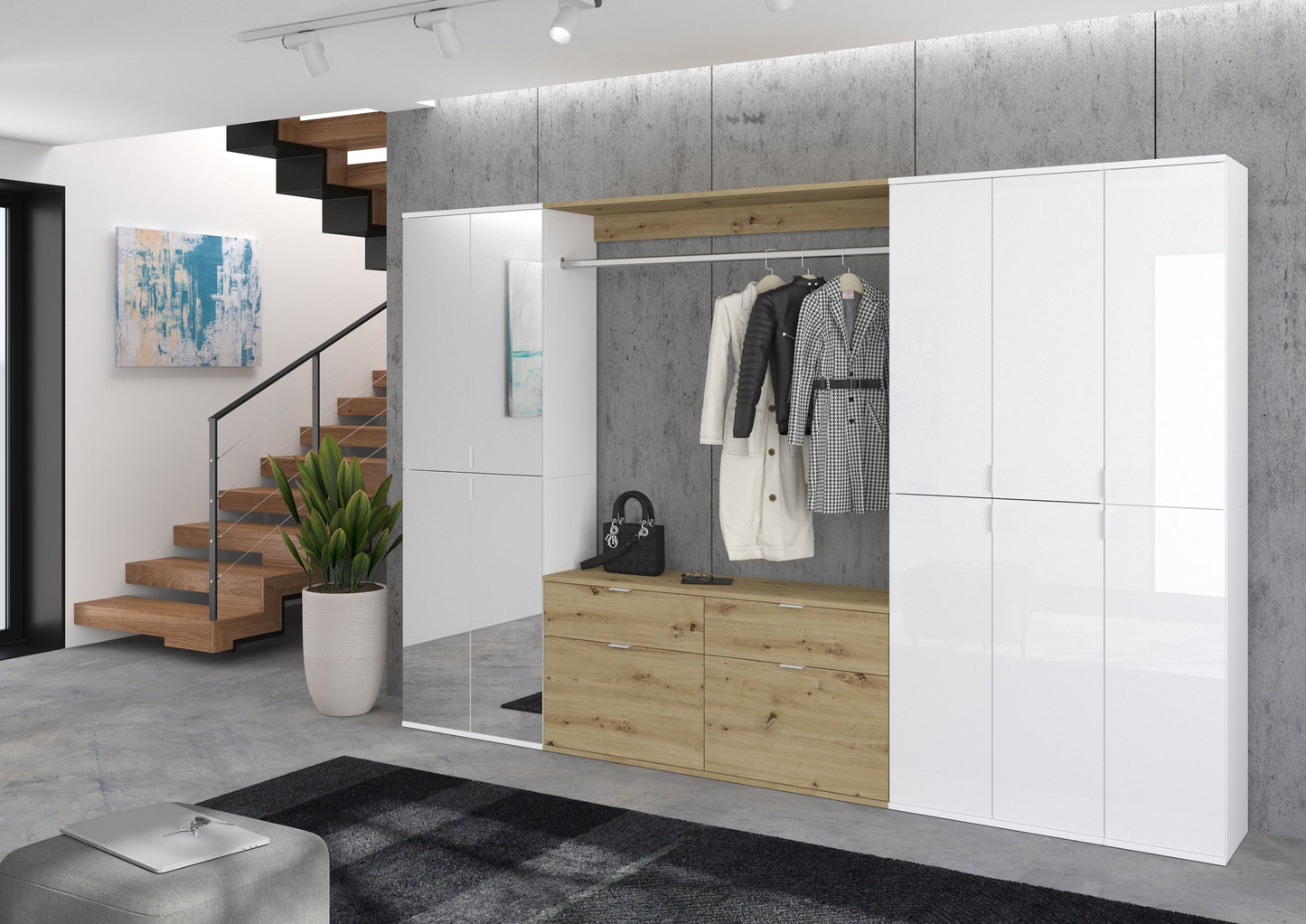 Garderobenschrank mit Spiegelbereich, Kleiderstange und Schubladen, weiß mit Artisan-Eiche-Optik