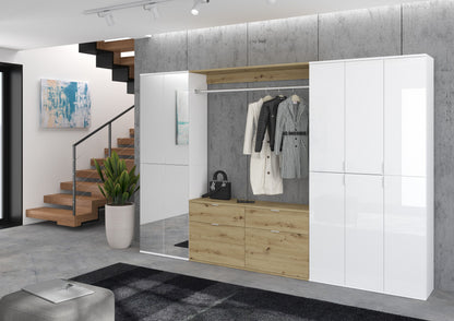 Garderobenschrank mit Spiegelbereich, Kleiderstange und Schubladen, weiß mit Artisan-Eiche-Optik