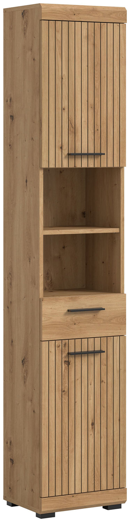Badhochschrank mit offenen Fächern, Artisan-Eiche-Nachbildung, hohe Schrankfront