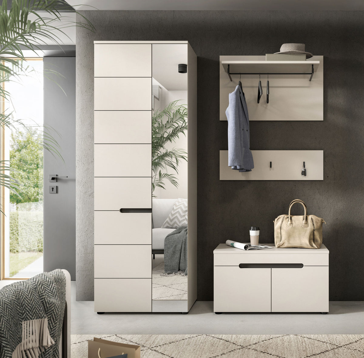 Garderobenset: hoher Schrank, Unterbaukonsole mit Sitzbank und Wandpaneel mit Haken