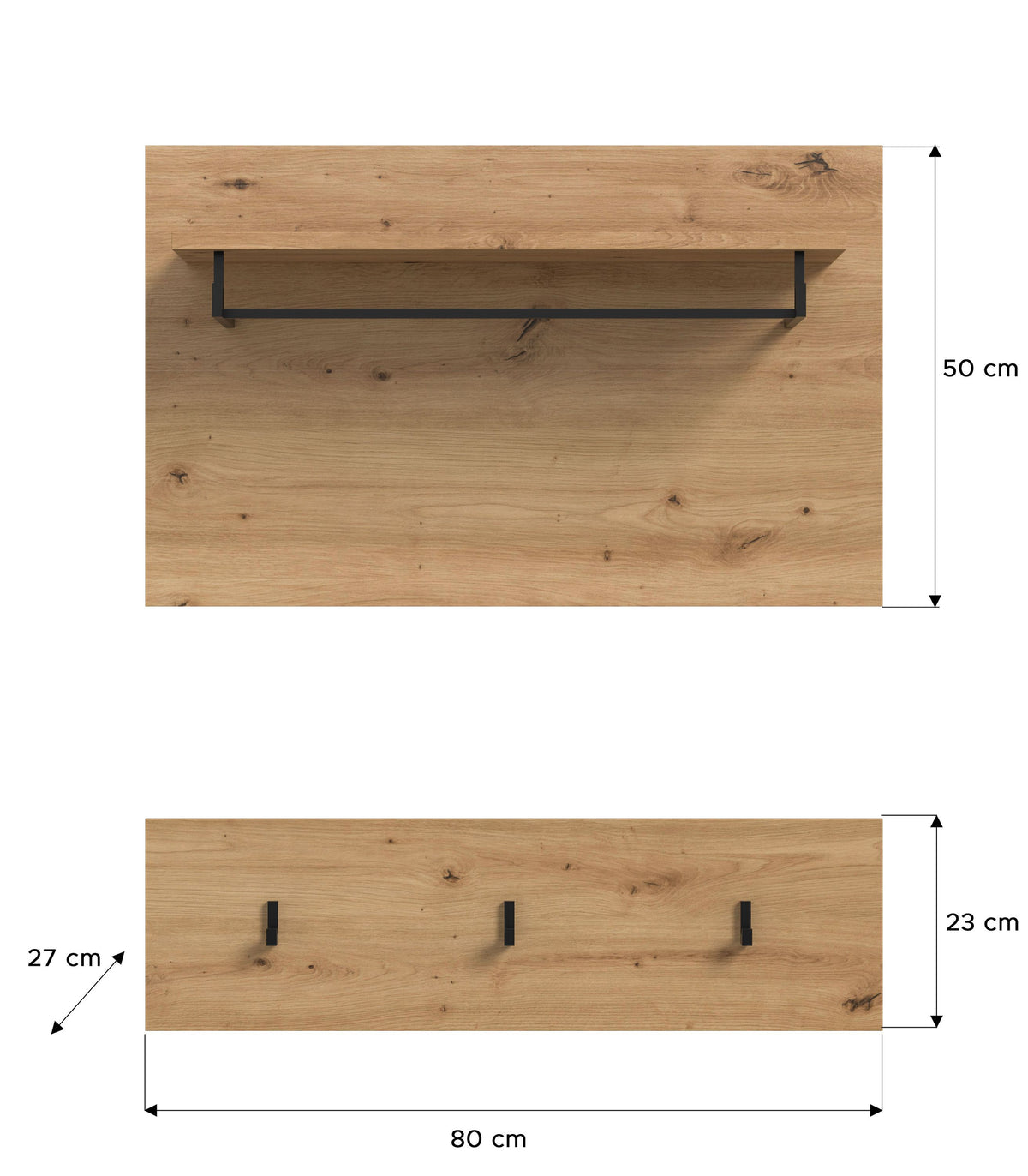 Garderobenwand Holzoptik mit Hutablage und drei Haken, ca. 80 cm breit