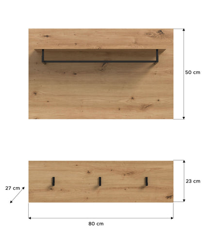 Garderobenwand Holzoptik mit Hutablage und drei Haken, ca. 80 cm breit