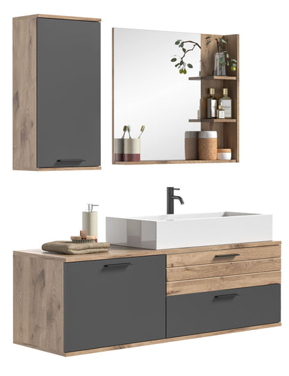 Ensemble de salle de bain MASON (L/H/P : env. 140/152/48 cm) en imitation chêne Nox/gris basalte