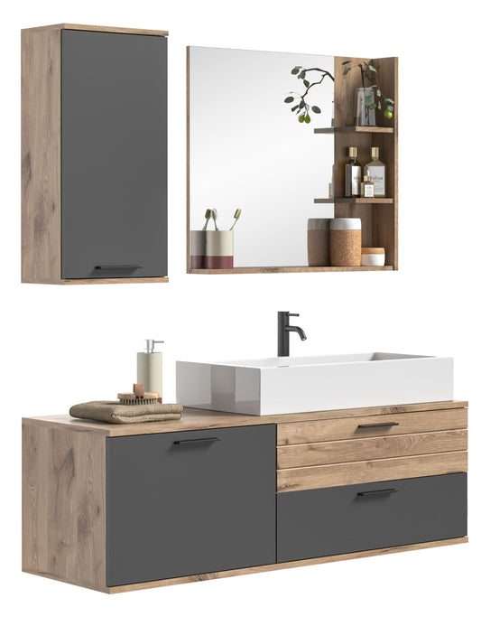 Ensemble de salle de bain MASON (L/H/P : env. 140/152/48 cm) en imitation chêne Nox/gris basalte
