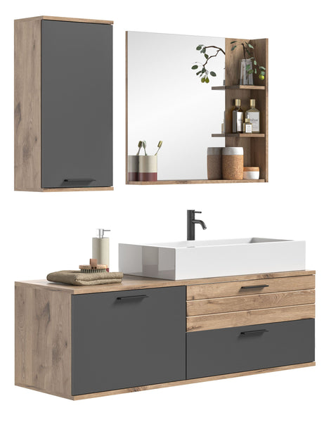 Ensemble de salle de bain MASON (L/H/P : env. 140/152/48 cm) en imitation chêne Nox/gris basalte