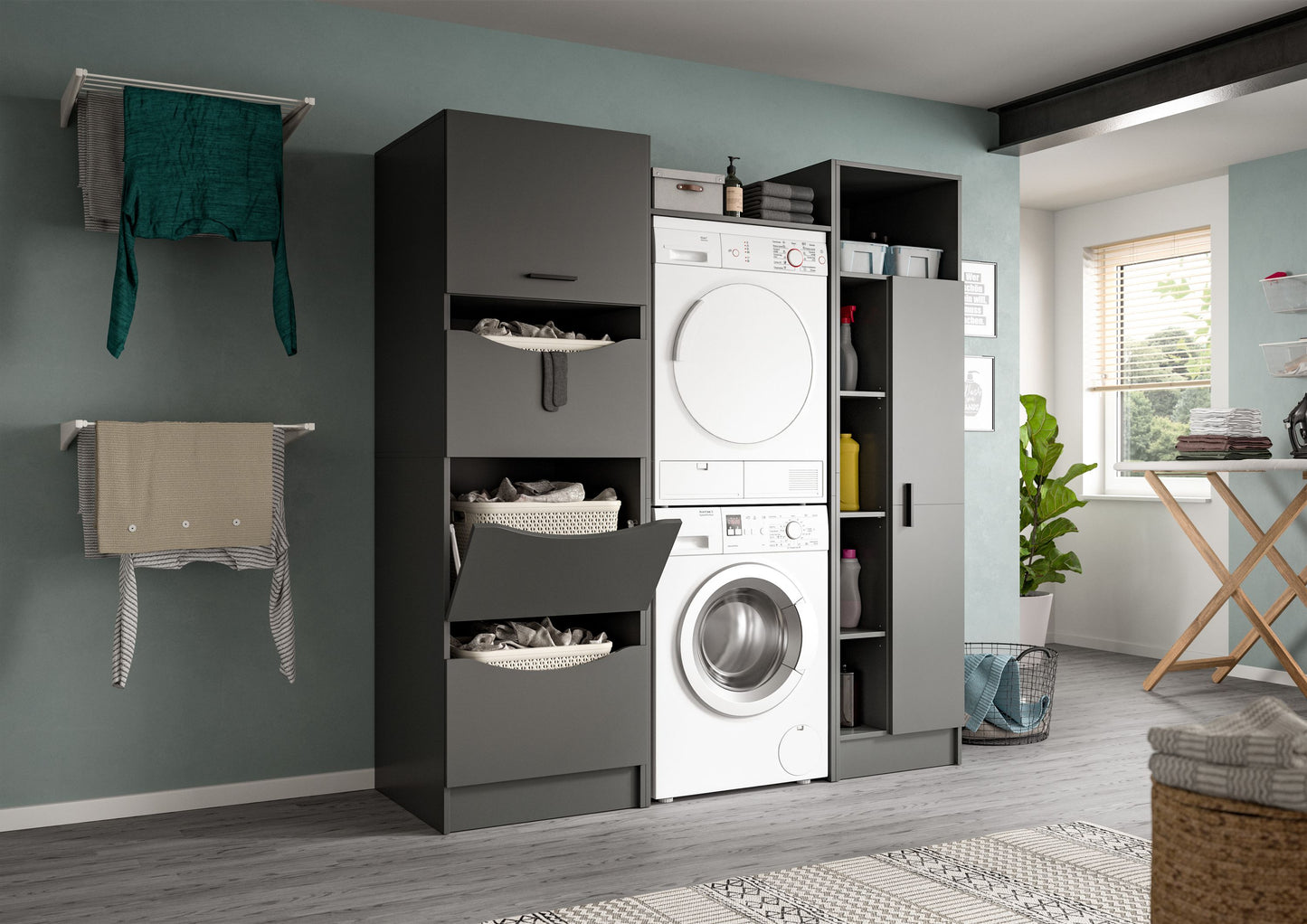 Waschmaschinenschrank-Set in Grau, mit integrierter Waschmaschine und Ablagefächern