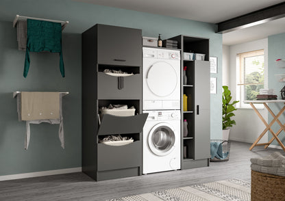 Waschmaschinenschrank-Set in Grau, mit integrierter Waschmaschine und Ablagefächern