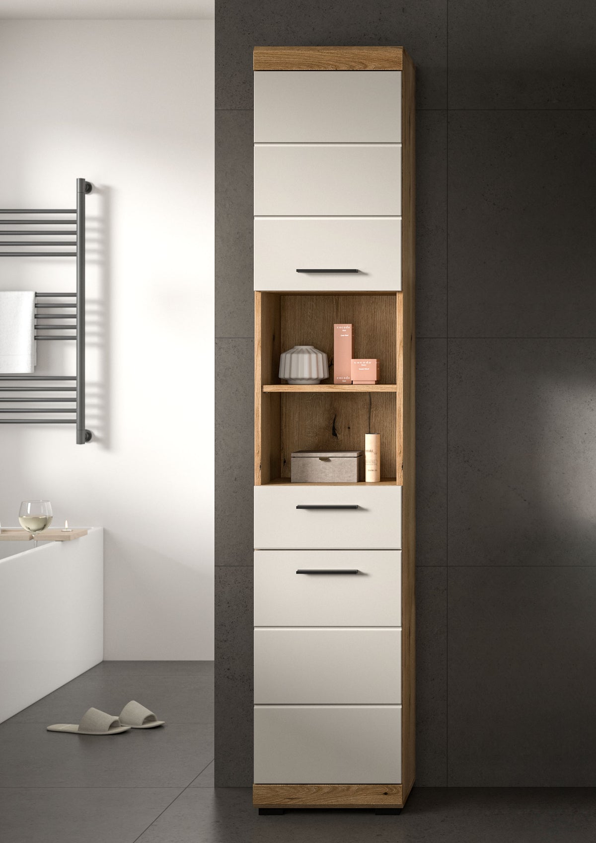 Badhochschrank schmal mit offenen Nischen, Artisan-Eiche-Korpus und weißen Schubladen
