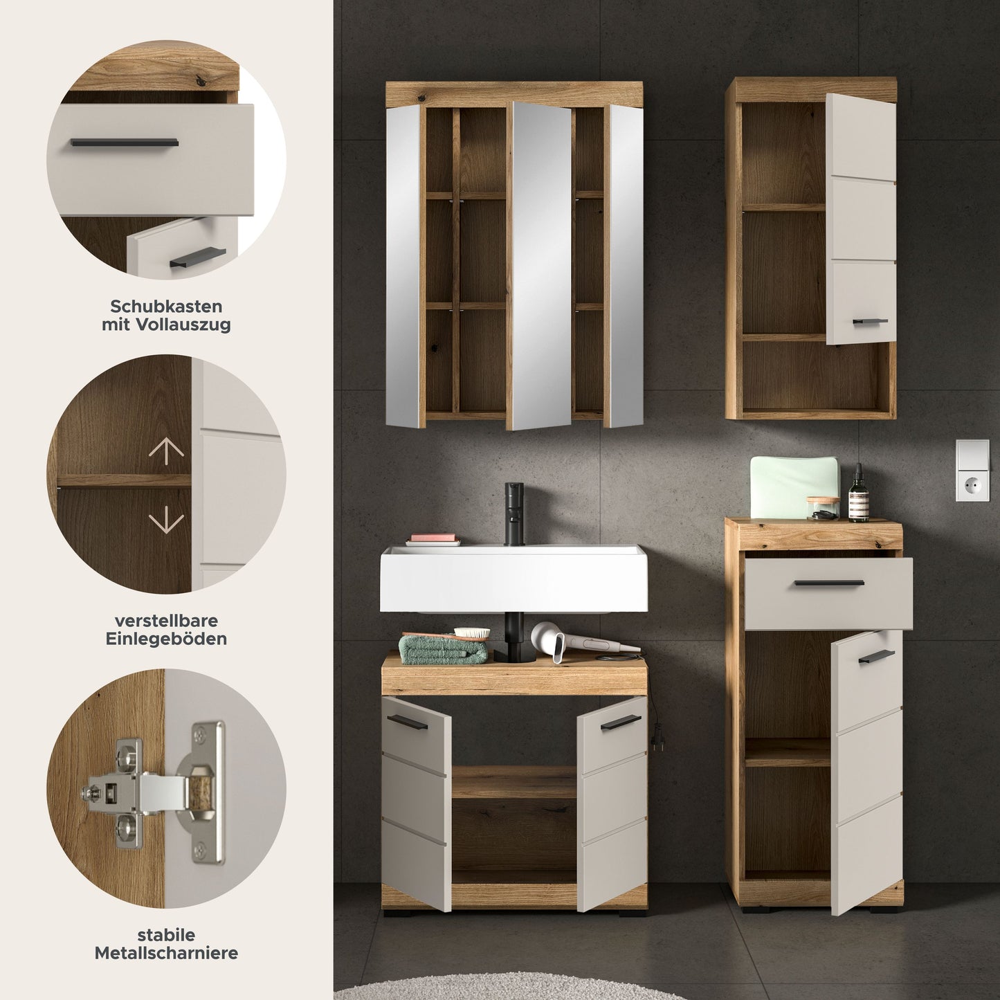 Badezimmerset 4-teilig mit Spiegelschrank, Waschtischunterschrank und Hochschrank in Holz/Weiß