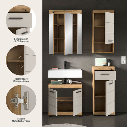 Badezimmerset 4-teilig mit Spiegelschrank, Waschtischunterschrank und Hochschrank in Holz/Weiß