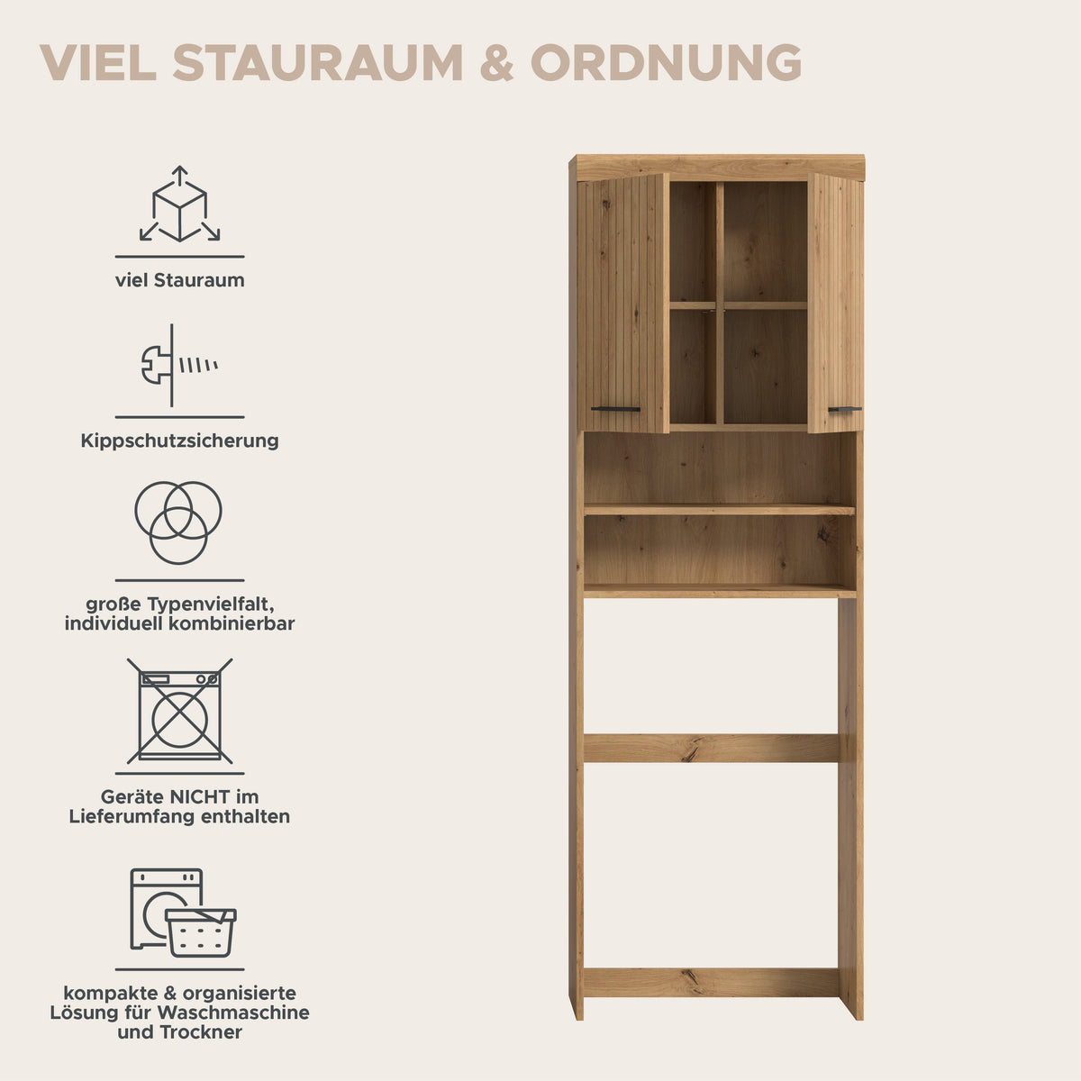 Waschmaschinenüberbau mit Ablagefächern, Holzoptik und offenen Regalböden