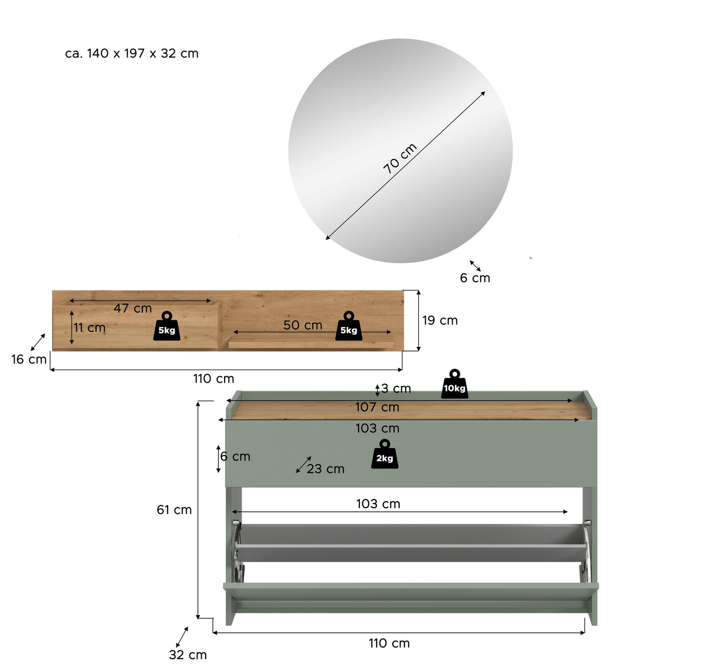 Ensemble de vestiaire DRIVE (L/H/P : env. 140/197/32 cm) en sauge/sauge