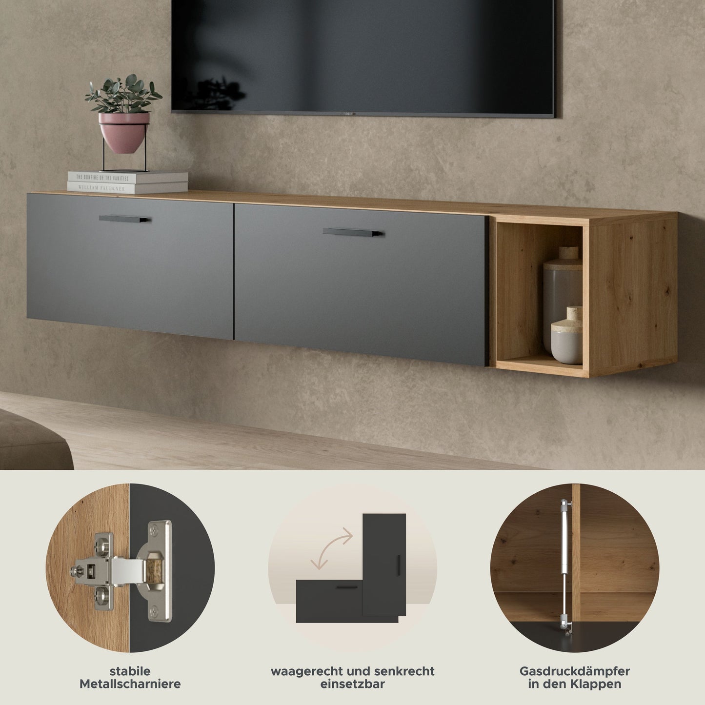 Meuble TV mural THE ONE (l/h/p : env. 75/34/34 cm) en imitation chêne Artisan/vert fumé