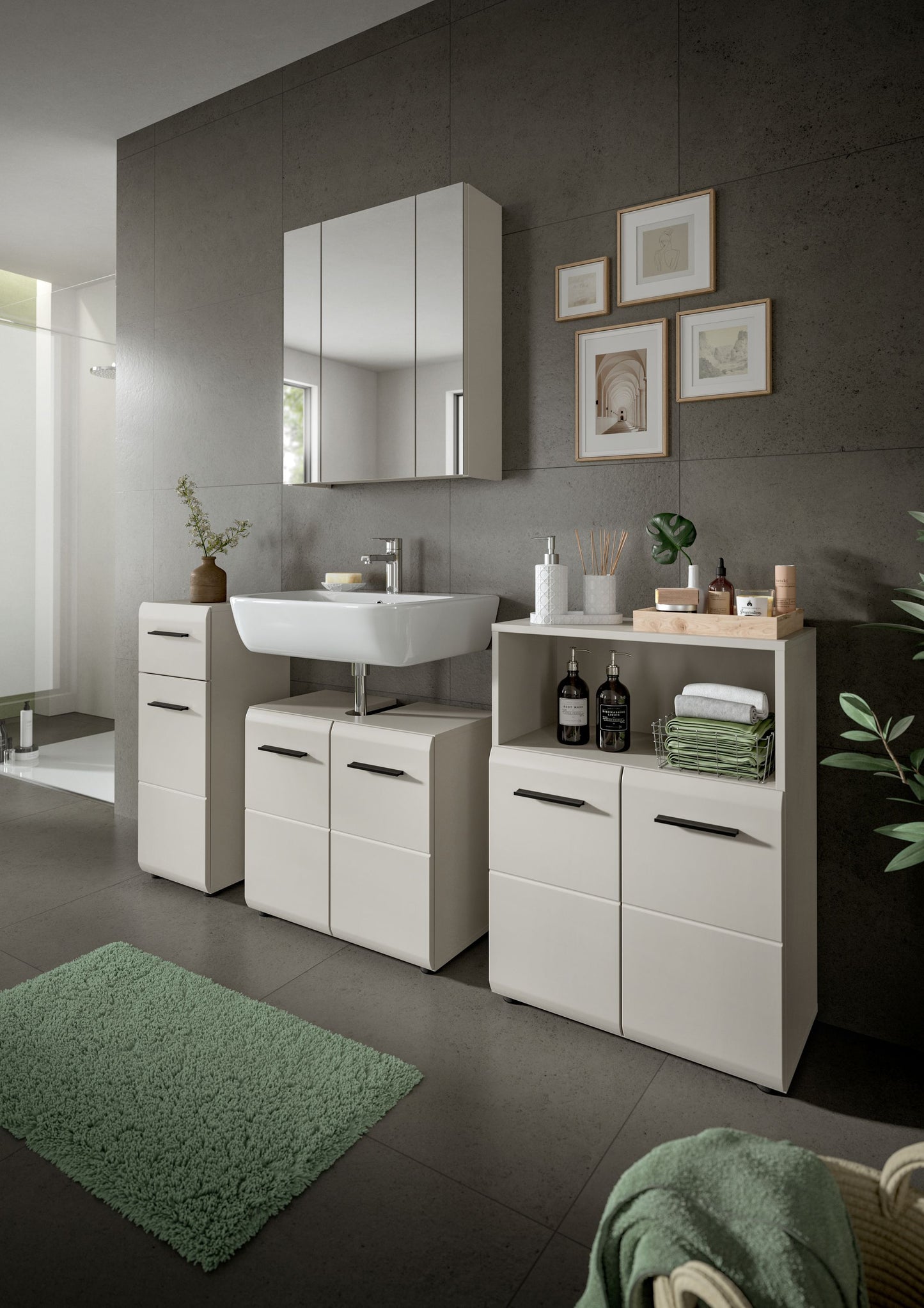 3-tlg. Badezimmermöbel-Set mit Waschbecken-Unterschrank und Hochschrank, weiß und hellgrau