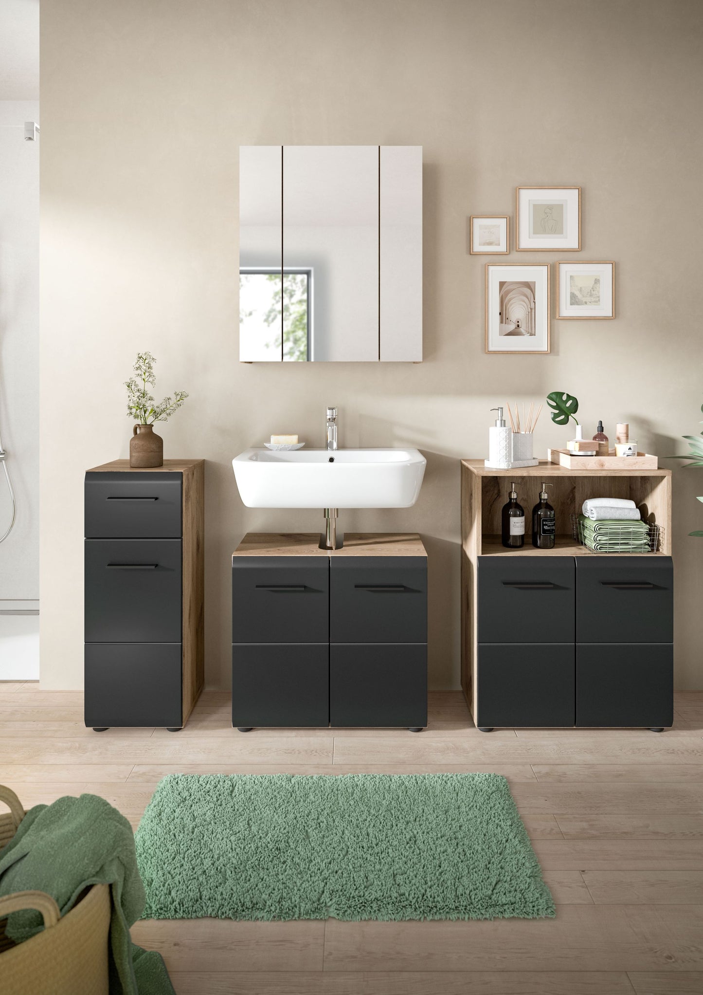 Badmöbel-Set mit Spiegelschrank und Waschbecken, Unterschränke und Hochschrank in dunkelgrau