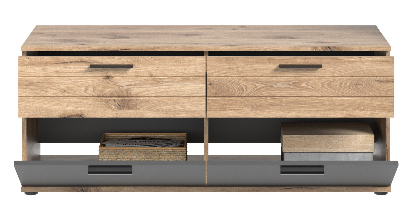 Meuble TV MASON (L/H/P : env. 130/53/47 cm) aspect chêne Nox/gris basalte