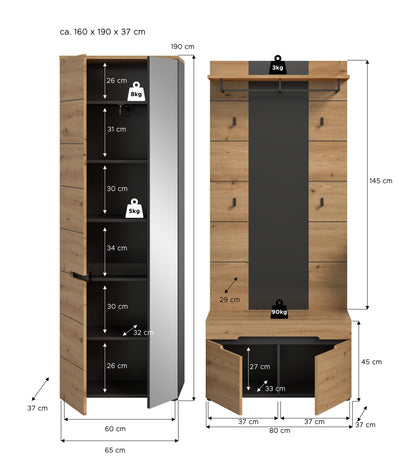 Homes & Jones Garderobenset 3-tlg., 1x Paneel, Sitzbank, Schrank mit Spiegel