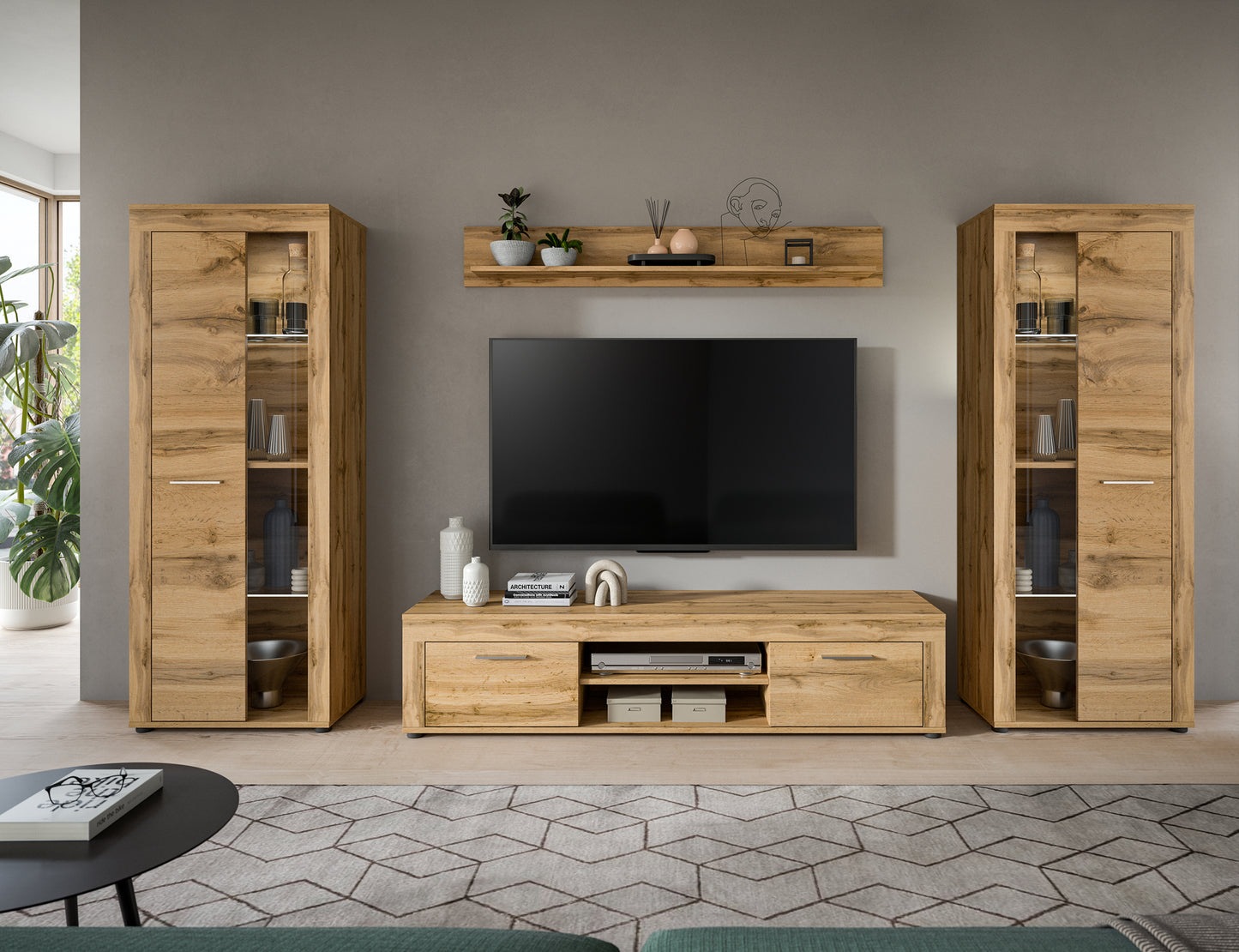 Ensemble meuble TV JAM (L/H/P : env. 310/159/40 cm) imitation chêne Wotan/gris