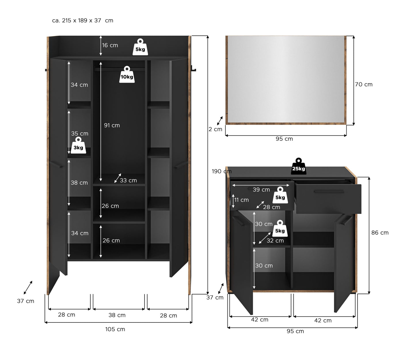 Ensemble de meubles d'entrée BUENO (L/H/P : env. 215/189/37 cm) en gris basalte/gris basalte