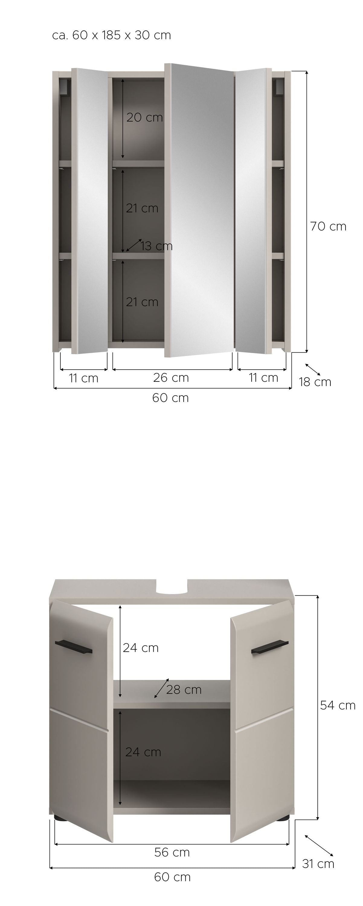 Badmöbelset von Homes & Jones: 2-teiliges Badmöbel in heller Front, Naturholz-Seitenelemente, Maßenansicht