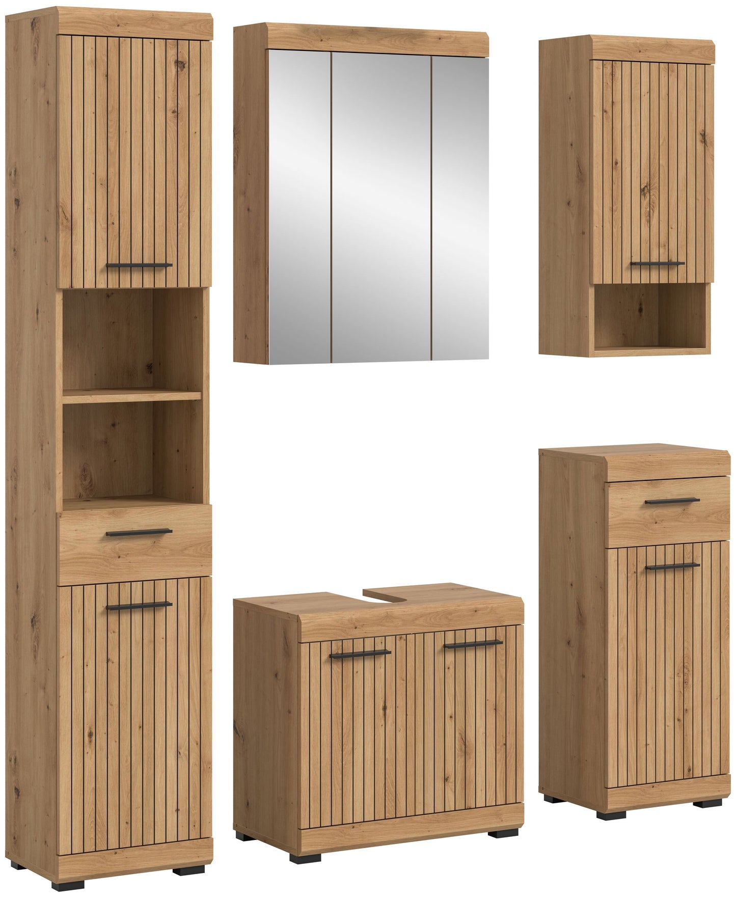 Badezimmerset 5-teilig in heller Holzoptik: Hochschrank, Spiegelschrank, Waschtisch